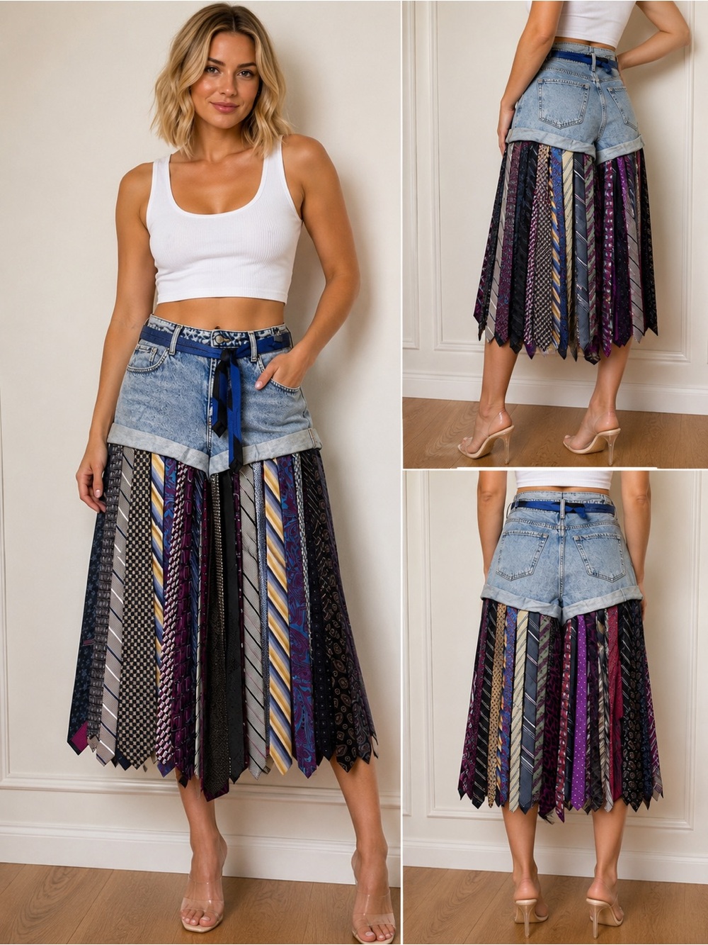 Upcycled  Tie-Strip Denim shorts size 14